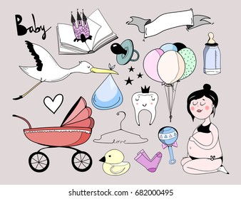 Hand drawn newborn baby elements. Colored graphic vector set. All elements are isolated