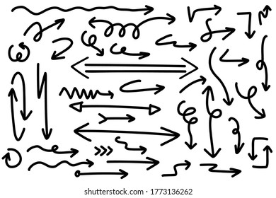 Marca de dirección del doodle dibujada a mano en las flechas siguientes. Símbolos de esbozo hechos a mano establecidos en un fondo blanco. elementos de diseño gráfico de ilustración vectorial
