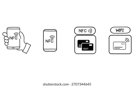 Hand Drawn NFC And Contactless Payment Icons Mobile Wallet, Credit Card, and Wireless Transaction Vector Graphics