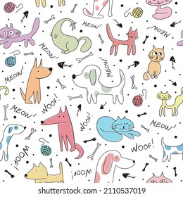 Hand drawn nice dogs and cute cats seamless pattern for textile, wallpaper, prints, fabric, clothes for children. Vector illustration. 