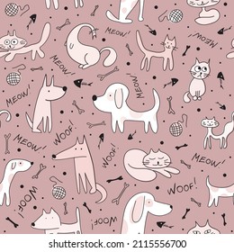 Hand drawn nice dogs and cute cats seamless pattern for textile, wallpaper, prints, fabric, clothes for children. Vector illustration. 