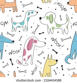 Hand drawn nice dogs seamless pattern for textile, wallpaper, prints, fabric, clothes for children. Vector illustration. 