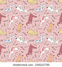 Hand drawn nice dogs seamless pattern for textile, wallpaper, prints, fabric, clothes for children. Vector illustration. 