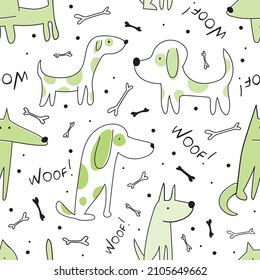 Hand drawn nice dogs seamless pattern for textile, wallpaper, prints, fabric, clothes for children. Vector illustration. 