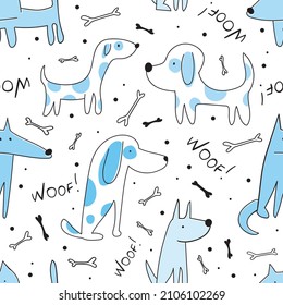 Hand drawn nice dogs seamless pattern for textile, wallpaper, prints, fabric, clothes for children. Vector illustration. 