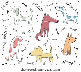 Hand drawn nice dogs set collection for textile, wallpaper, prints, fabric, clothes for children. Vector illustration. 