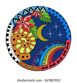 Hand drawn  night circle mandala for anti stress coloring page. Made by trace from sketch. Illustration in zentangle style. Colorful variant.