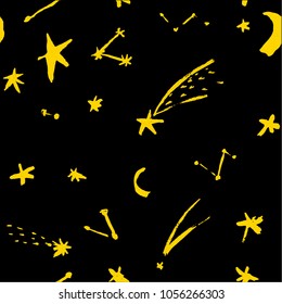 hand drawn night illustration. Set of hand drawn stars . Brush strokes. Line drawing. night sky illustration. yellow stars on a black sky. gouache painting.