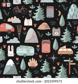 Hand drawn night seamless pattern with summer camping equipment. Trailers, mountains, trees, and tourist objects in Scandinavian style. Cartoon vector background.