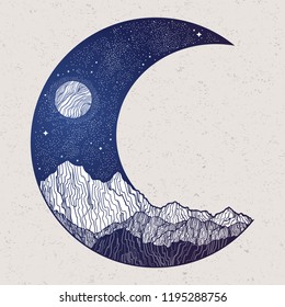 Hand Drawn Night Sky Mountains Landscape Stock Vector (Royalty Free ...