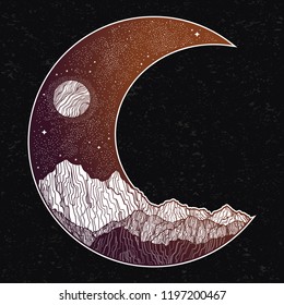Hand drawn night sky and mountains landscape in the form of a crescent moon.Isolated vector illustration. Invitation. Tattoo, travel, adventure, outdoors retro symbol.