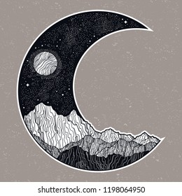 Hand drawn night sky and mountains landscape in the form of a crescent moon.Isolated vector illustration. Invitation. Tattoo, travel, adventure, outdoors retro symbol.