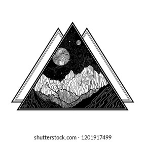 Hand drawn night sky with mountains landscape in the shape of a triangle. Isolated vintage vector illustration. Invitation. Tattoo, travel, adventure, outdoors symbol.