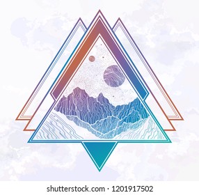 Hand drawn night sky with mountains landscape in the shape of a triangle. Isolated vintage vector illustration. Invitation. Tattoo, travel, adventure, outdoors symbol.