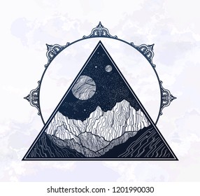 Hand drawn night sky with mountains landscape in the shape of a triangle. Isolated vintage vector illustration. Invitation. Tattoo, travel, adventure, outdoors symbol.