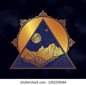 Hand drawn night sky with mountains landscape in the shape of a triangle. Isolated vintage vector illustration. Invitation. Tattoo, travel, adventure, outdoors symbol.