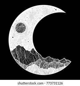 Hand drawn night sky and mountains landscape in the form of a crescent moon.Isolated vector illustration. Invitation. Tattoo, travel, adventure, outdoors retro symbol.
