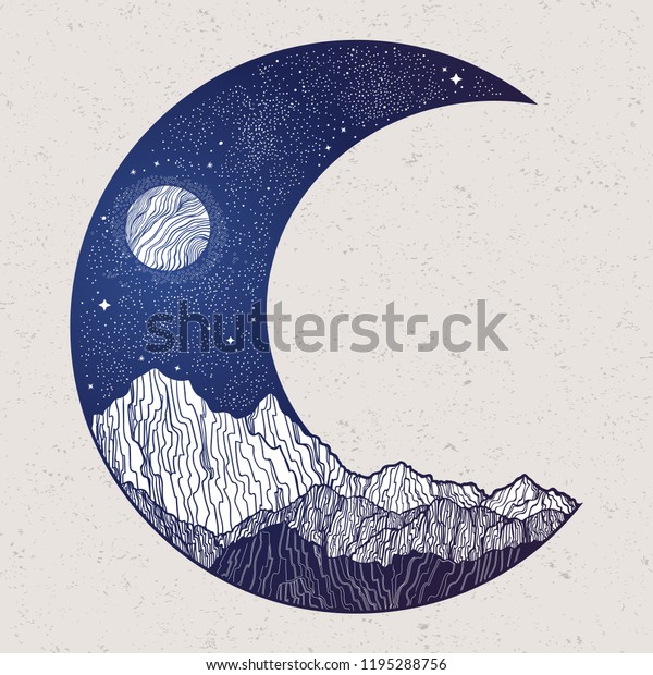 Hand drawn night sky\
and mountains landscape in the form of a crescent moon.Isolated\
vector illustration. Invitation. Tattoo, travel, adventure,\
outdoors retro symbol.