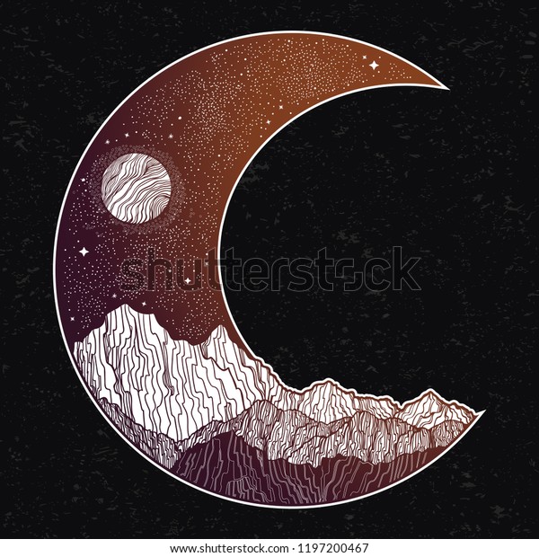 Hand drawn night sky\
and mountains landscape in the form of a crescent moon.Isolated\
vector illustration. Invitation. Tattoo, travel, adventure,\
outdoors retro symbol.