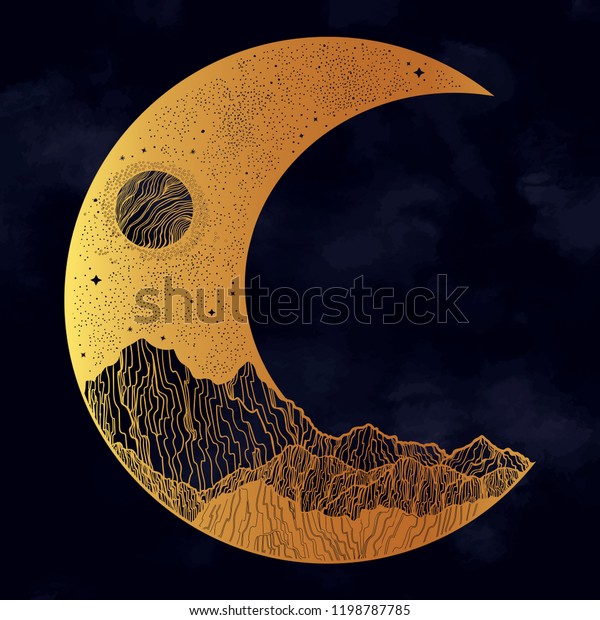 Hand drawn night sky
and mountains landscape in the form of a crescent moon.Isolated
vector illustration. Invitation. Tattoo, travel, adventure,
outdoors retro symbol.