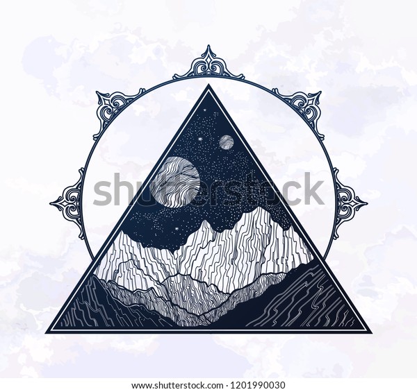 Hand drawn night sky\
with mountains landscape in the shape of a triangle. Isolated\
vintage vector illustration. Invitation. Tattoo, travel, adventure,\
outdoors symbol.