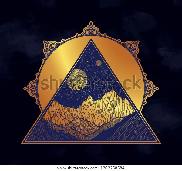 Hand drawn night sky\
with mountains landscape in the shape of a triangle. Isolated\
vintage vector illustration. Invitation. Tattoo, travel, adventure,\
outdoors symbol.