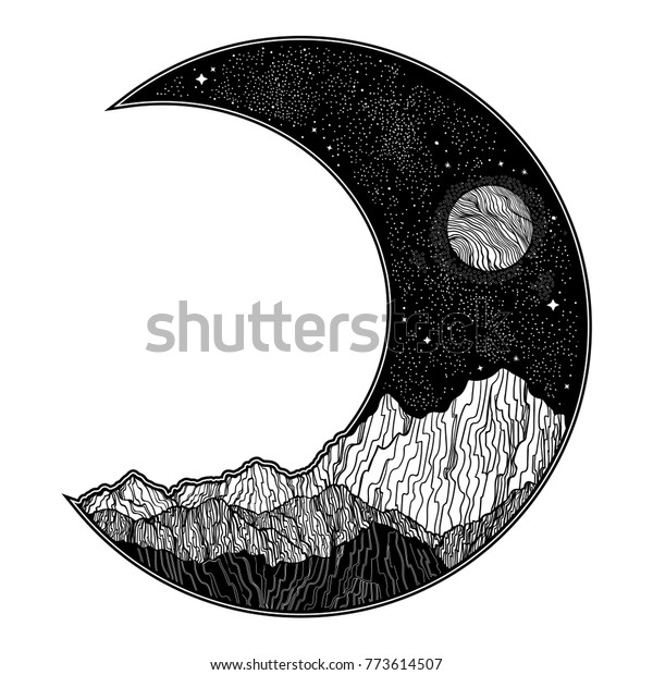Hand drawn night sky\
and mountains landscape in the form of a crescent moon.Isolated\
vector illustration. Invitation. Tattoo, travel, adventure,\
outdoors retro symbol.\
