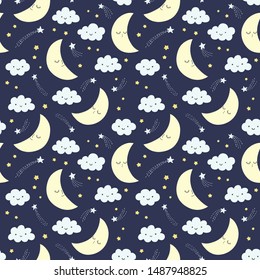 Hand drawn night sky vector pattern with smiling moon, stars and clouds on a dark background. Cute night sky seamless background. 