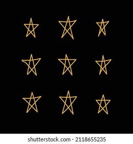 Hand Drawn Nine Gold Stars On Black Background Set Collection Vector Illustration