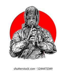 Hand Drawn Ninja Sketch , Isolated Isolated Vector 