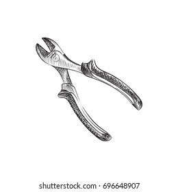 Hand Drawn Nippers Sketch Symbol. Vector Cutting Element In Trendy Style.