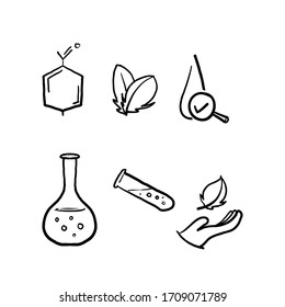 hand drawn No artificial colors, organic leaf line icons. Dermatologically tested, Paraben chemical formula icons. Hypoallergenic tested, Neutral ph.doodle