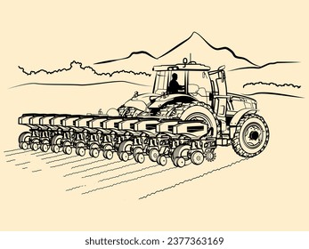 Hand drawn, no artificial intelligence applied, illustration, tractor, planter, agriculture, farm, cultivation, field