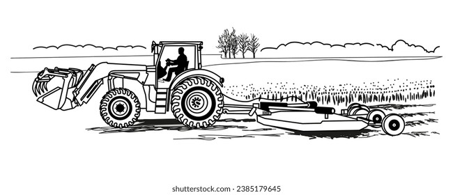 Hand drawn, no artificial intelligence applied, illustration, tractor, rotary cutters, agriculture, land cultivation