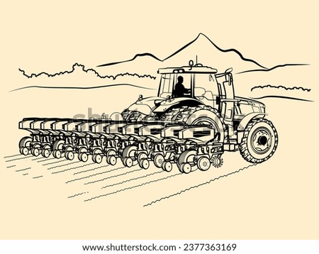 Hand drawn, no artificial intelligence applied, illustration, tractor, planter, agriculture, farm, cultivation, field