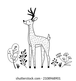 Hand dibujó ciervo noble en el bosque en el estilo de contorno de arte de línea, ilustración vectorial aislada
