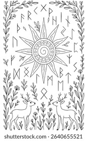 Hand drawn noble deers in the forest in line art contour style, isolated vector illustration, Norse magic runes, Icelandic symbols with Sun in folk style