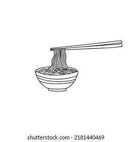 Handgezeichnete Nudelsuppe Illustration. Chinesische doodle-Illustration in Vektorgrafik. Japanische Essensdoodle-Illustration in Vektorgrafik. Nudelsuppe mit Stäbchen doodle Illustration. 