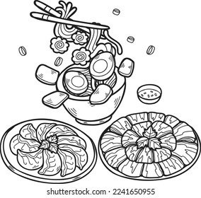 Hand Drawn Noodles and Gyoza Chinese and Japanese food illustration isolated on background