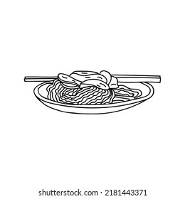 Hand drawn noodles with meat illustration in vector. Chinese food doodle illustration in vector. Japanese food doodle illustration in vector. Noodle on plate with chopsticks doodle illustration. 