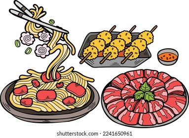 Hand Drawn Noodles and Meatballs Chinese and Japanese food illustration isolated on background
