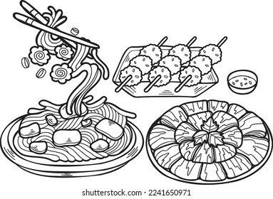 Hand Drawn Noodles and Meatballs Chinese and Japanese food illustration isolated on background