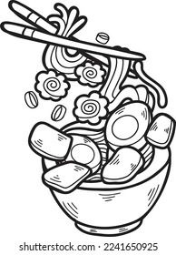 Hand Drawn noodles or ramen Chinese and Japanese food illustration isolated on background