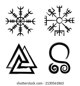 Hand drawn norse symbols like Aegishjalmur, Vegvisir, Valknut and Troll cross.