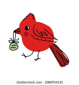 Hand drawn Northern cardinal bird with christmas toy in beak. Perfect for T-shirt, poster, greeting card and print. Hand drawn vector illustration for decor and design. 
