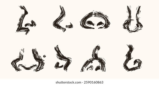Hand Drawn Noses with Bulky Lines and Grunge Texture. Abstract and funny nose collection isolated on white background