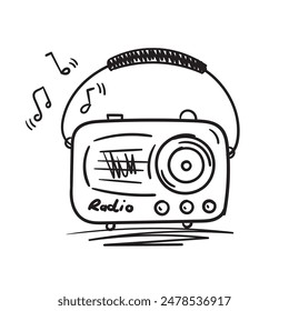 hand drawn nostalgic radio. scribble brown old radio. old radio and music note