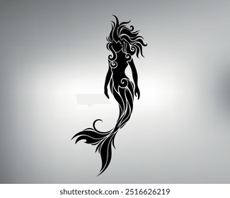 hand drawn, not AI. mermaid tribal tattoo sketch. vector drawing of an underwater princess. mermaid logo