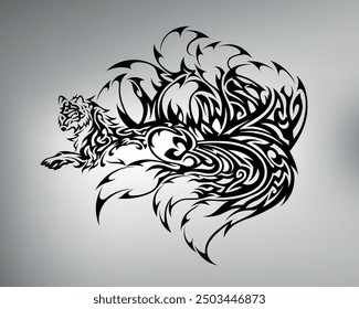 hand drawn, not AI. Nine-tailed fox tribal tattoo design. vector drawing of a fox with beautiful fluffy tails. fox logo