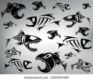 hand drawn, not AI. Tribal fish tattoo sketch. vector drawing of a formidable fish with large sharp teeth. logo fish